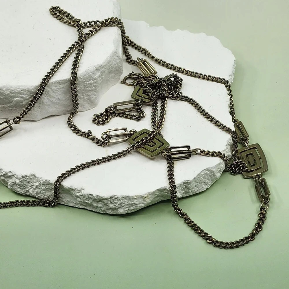 Gold Tone Extra Long Chain Necklace Geometric Greek Key Links Vintage Statement